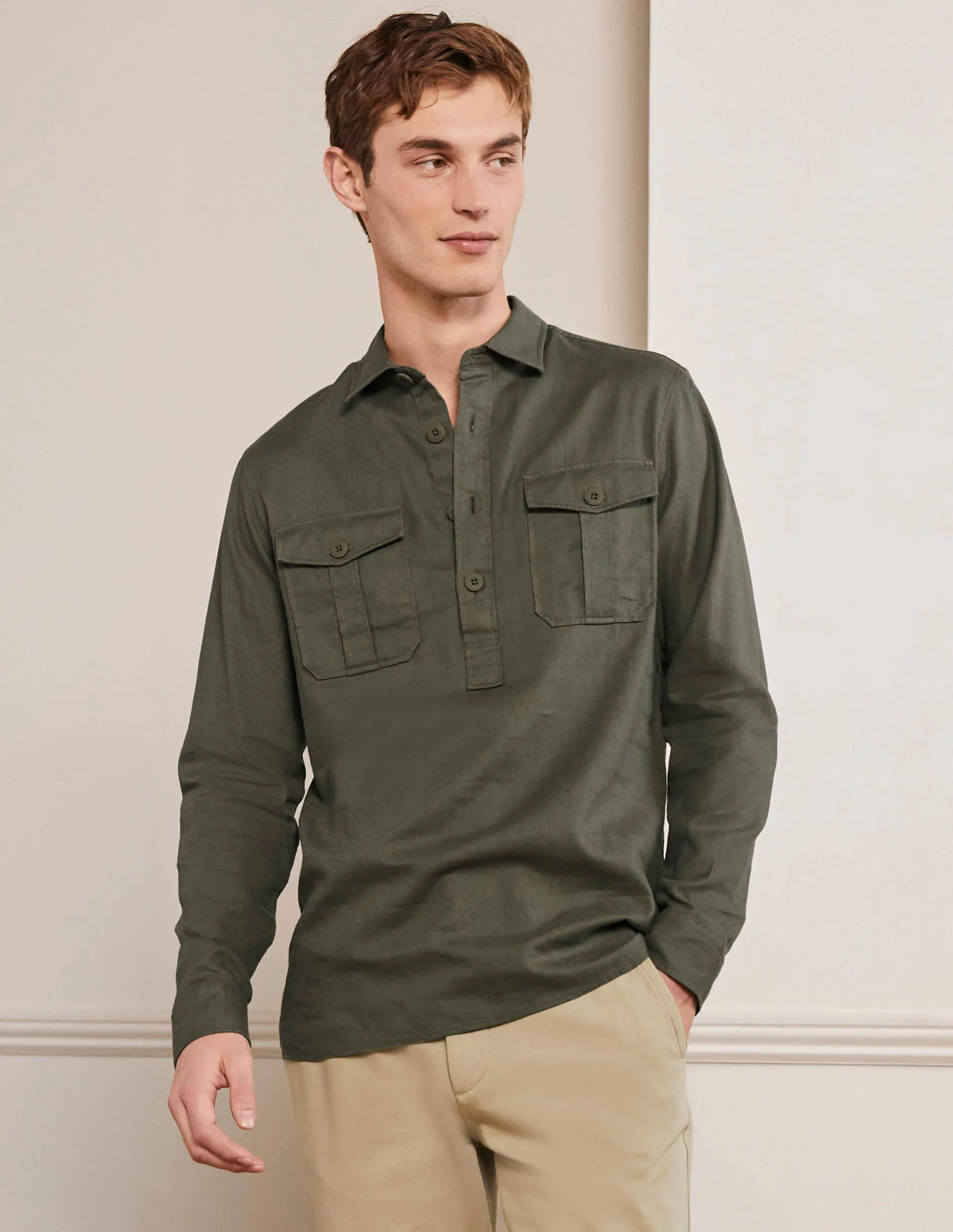Popover-Hemd aus Baumwollleinen-Khaki, Fischgrätmuster - Image 4