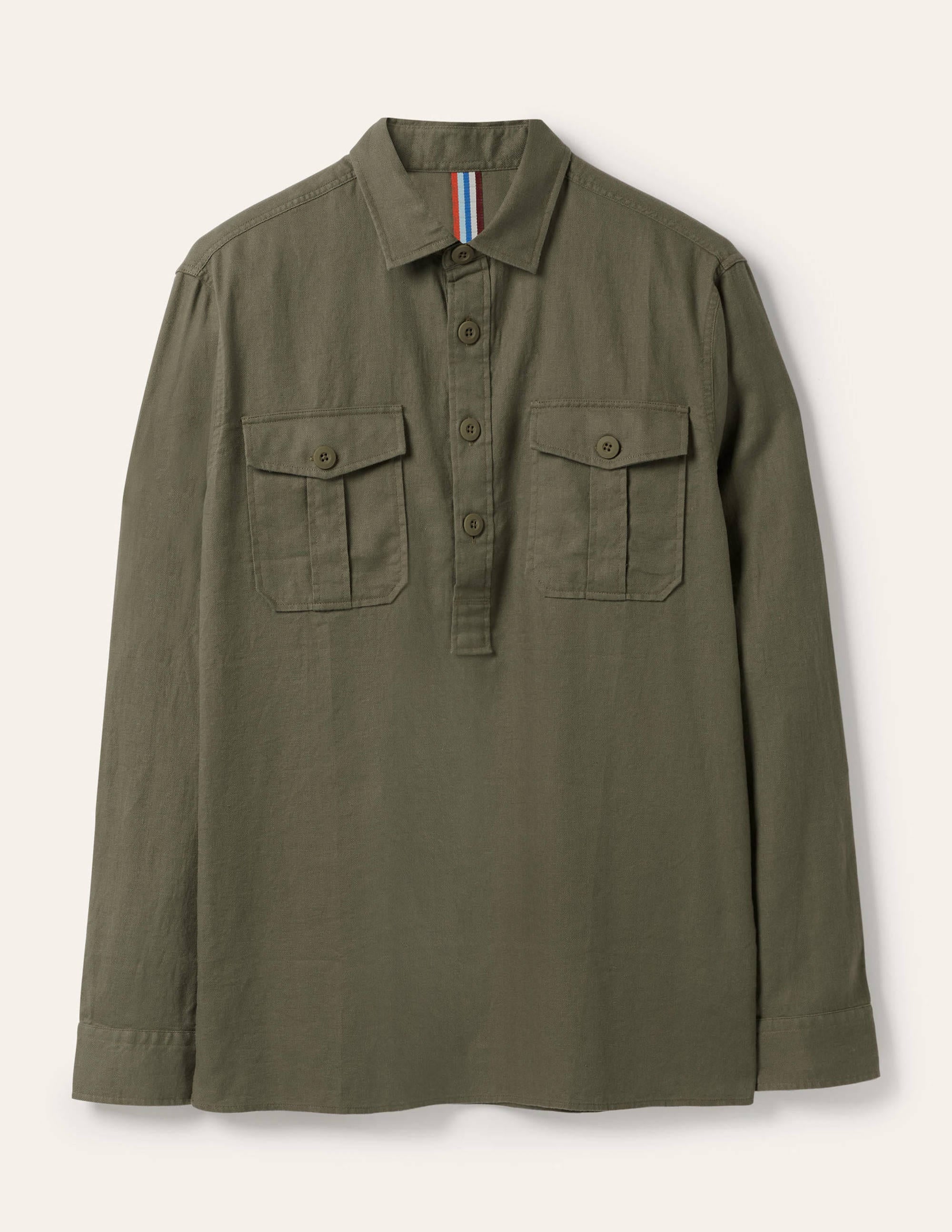 Popover-Hemd aus Baumwollleinen-Khaki, Fischgrätmuster - Image 6