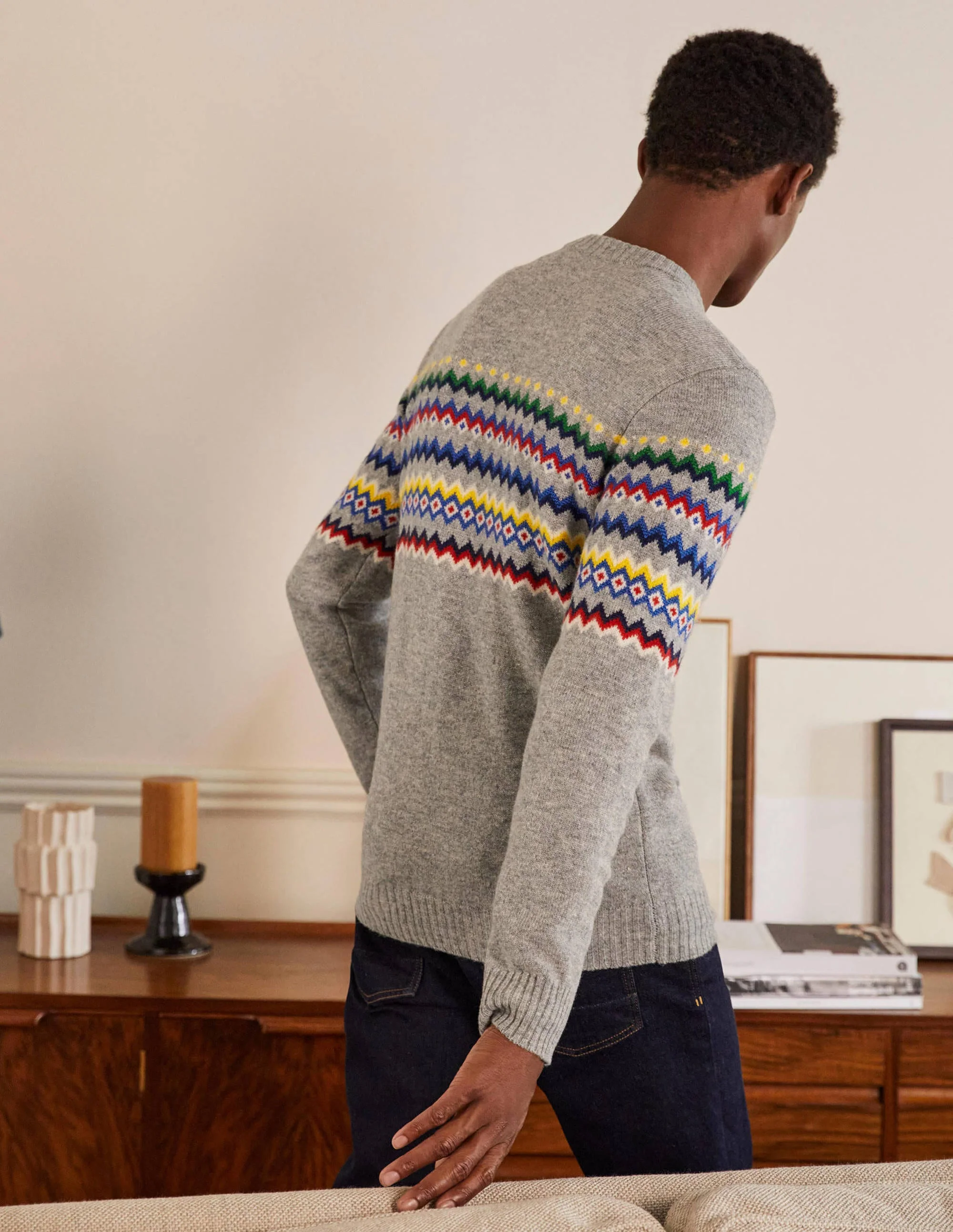 Pullover aus gebürsteter Lammwolle-Fair-Isle-Muster, Grau Meliert - Image 3
