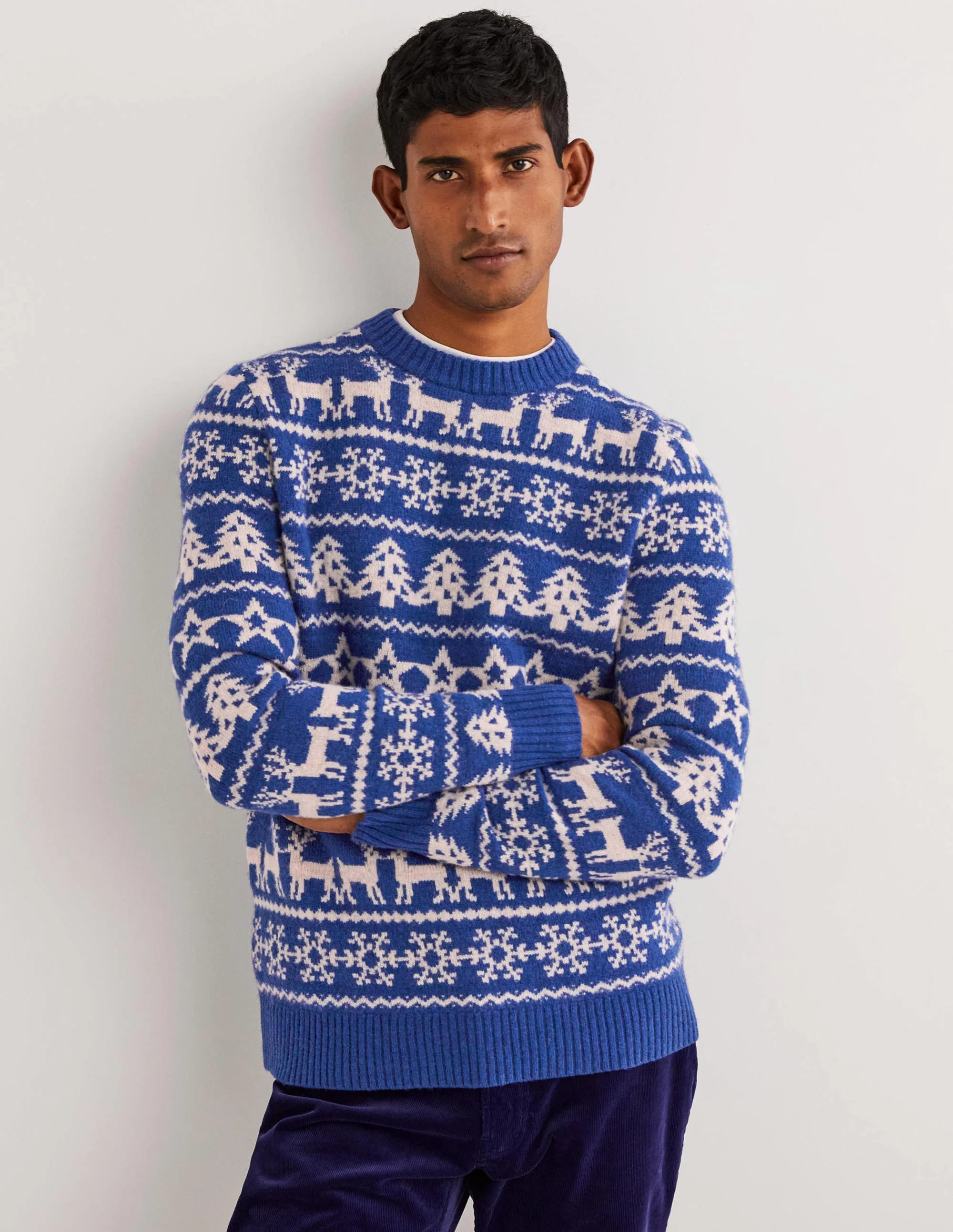 Pullover aus gebürsteter Lammwolle-Stahlblau, Papierketten-Fair-Isle-Muster