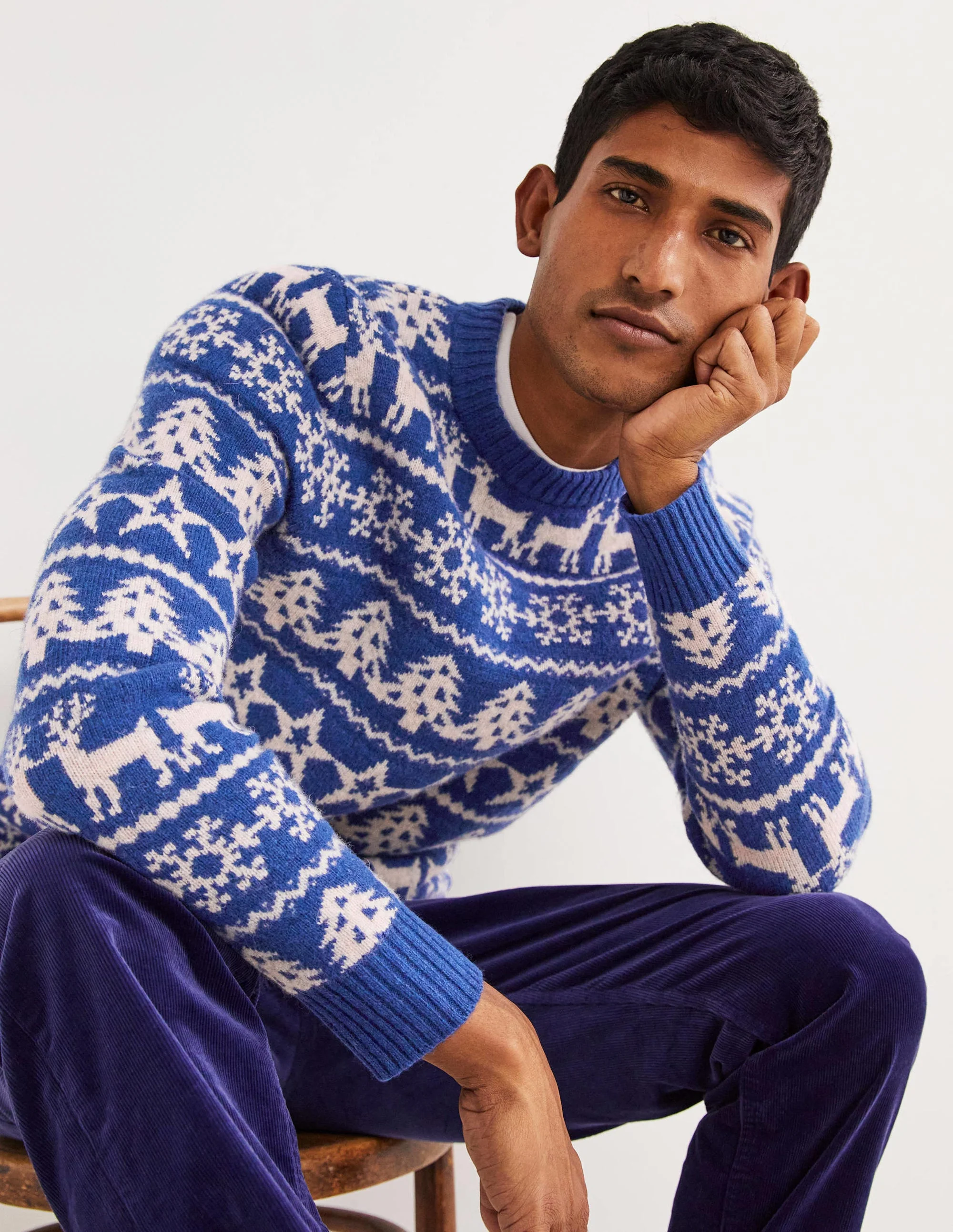 Pullover aus gebürsteter Lammwolle-Stahlblau, Papierketten-Fair-Isle-Muster - Image 4