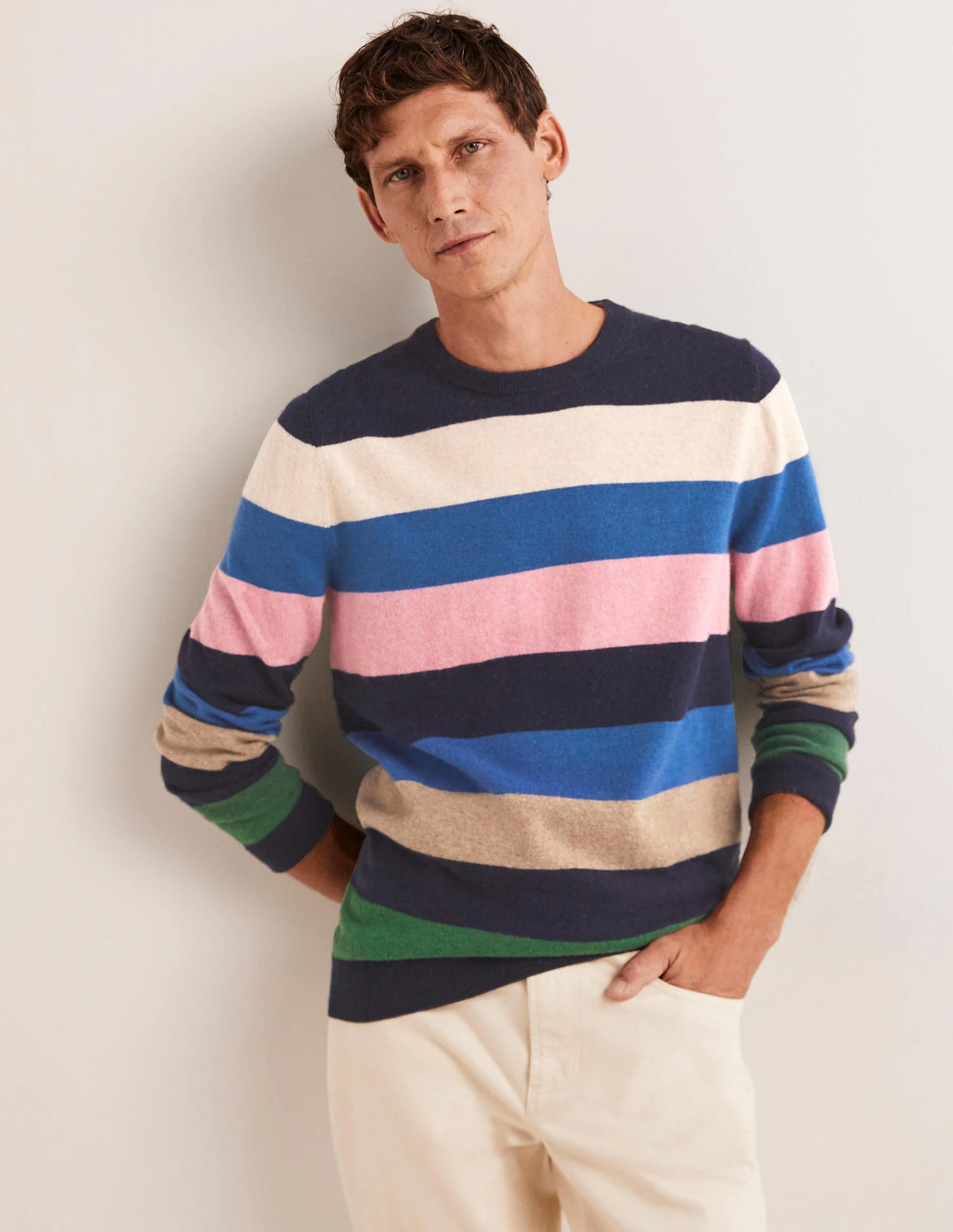 Pullover aus Lammwolle mit Rundhalsausschnitt-Bunt, Gestreift
