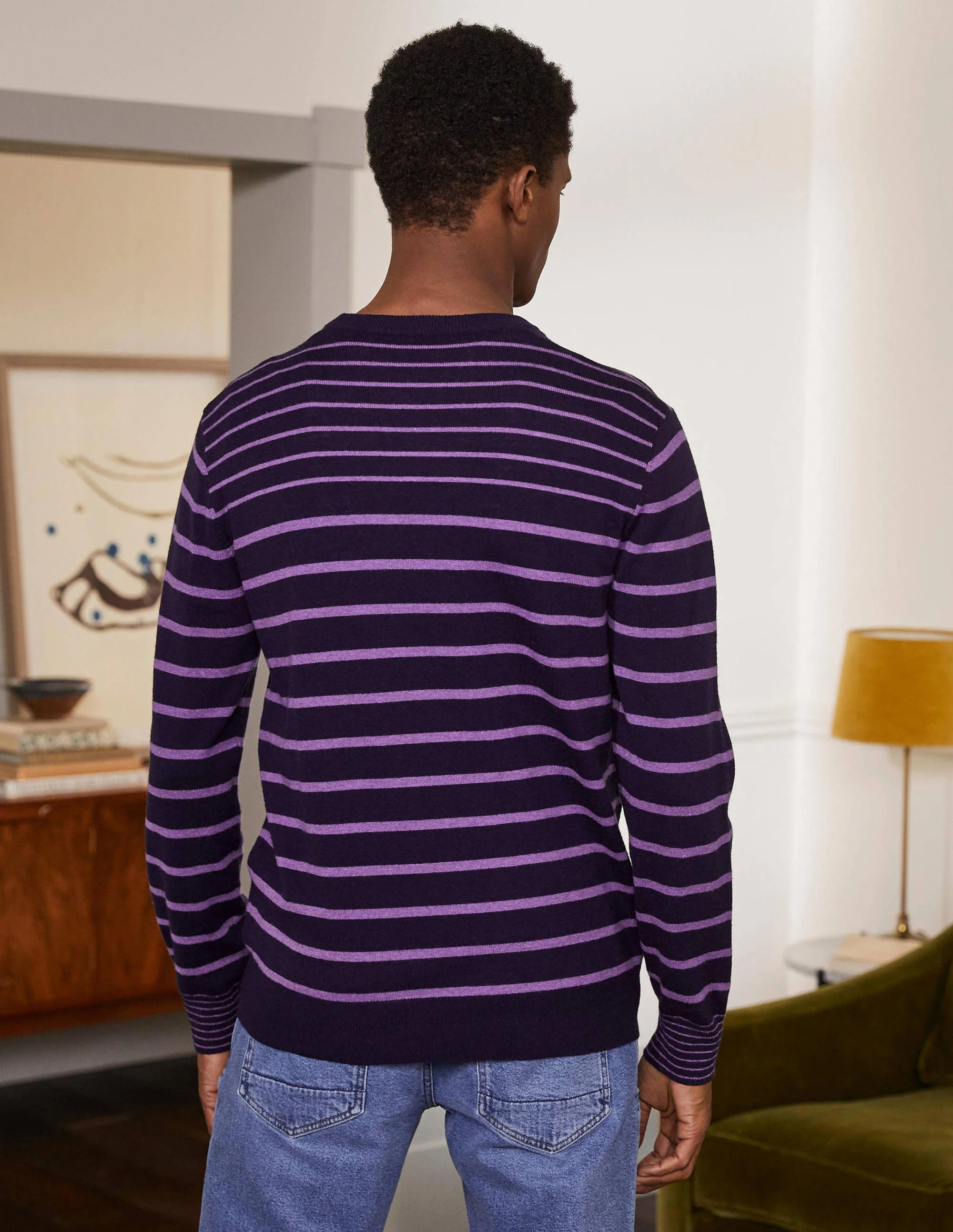 Pullover aus Lammwolle mit Rundhalsausschnitt-Navy/Flieder, Gestreift - Image 3