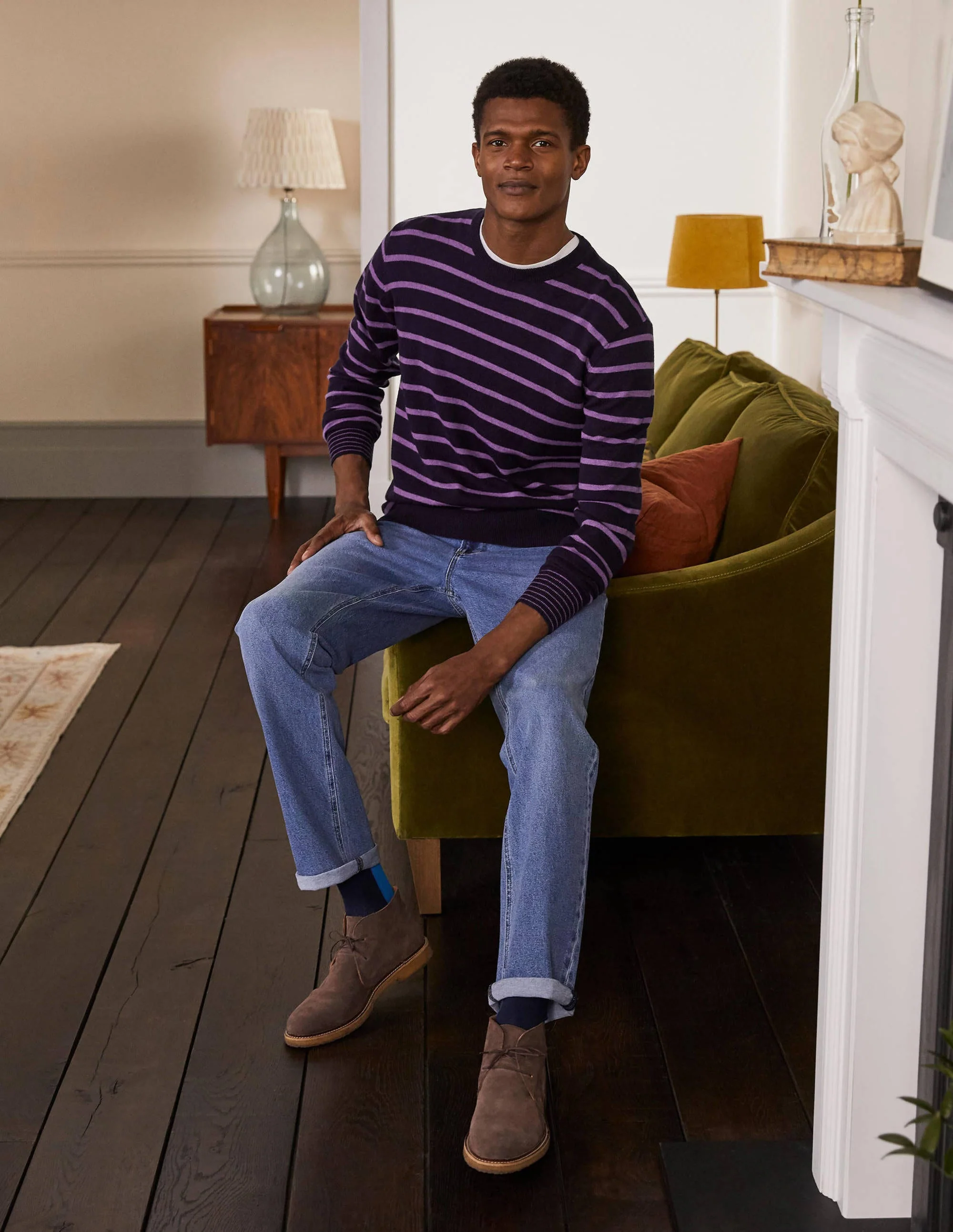 Pullover aus Lammwolle mit Rundhalsausschnitt-Navy/Flieder, Gestreift - Image 4