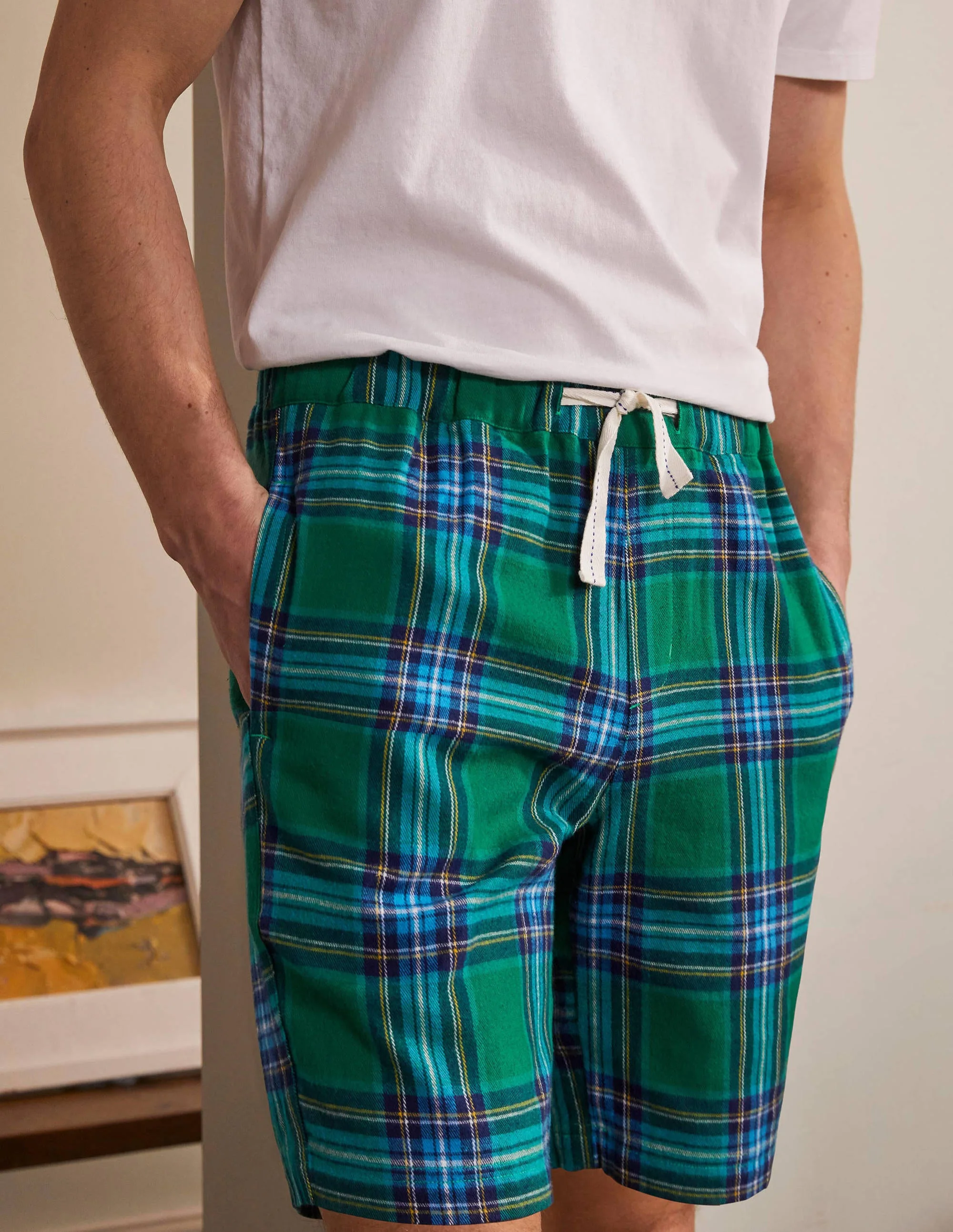 Pyjamashorts aus gebürsteter Baumwolle-Waldgrün/Tiefblau, Kariert - Image 2