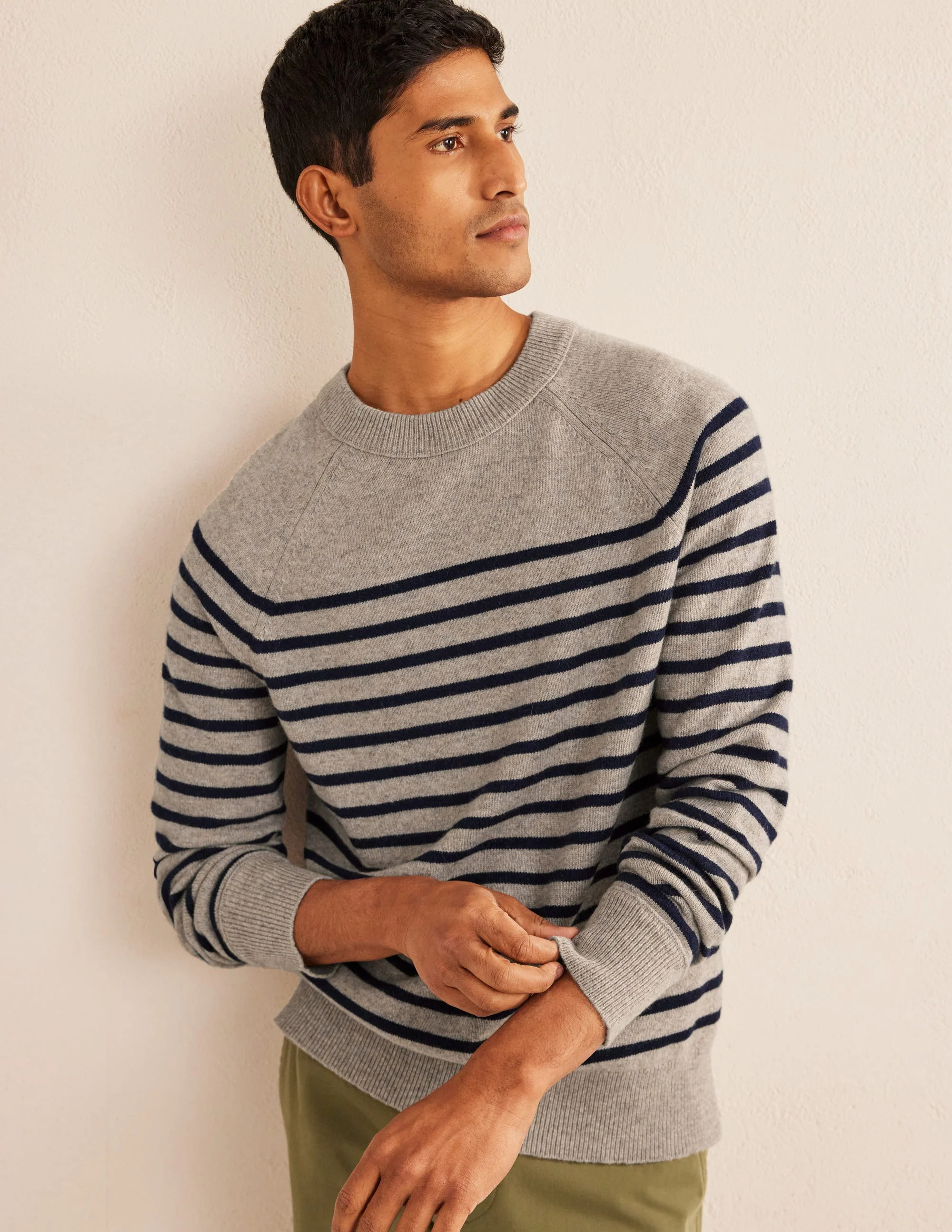 Raglanpullover mit Rundhalsausschnitt-Hellbeige/Navy, Gestreift