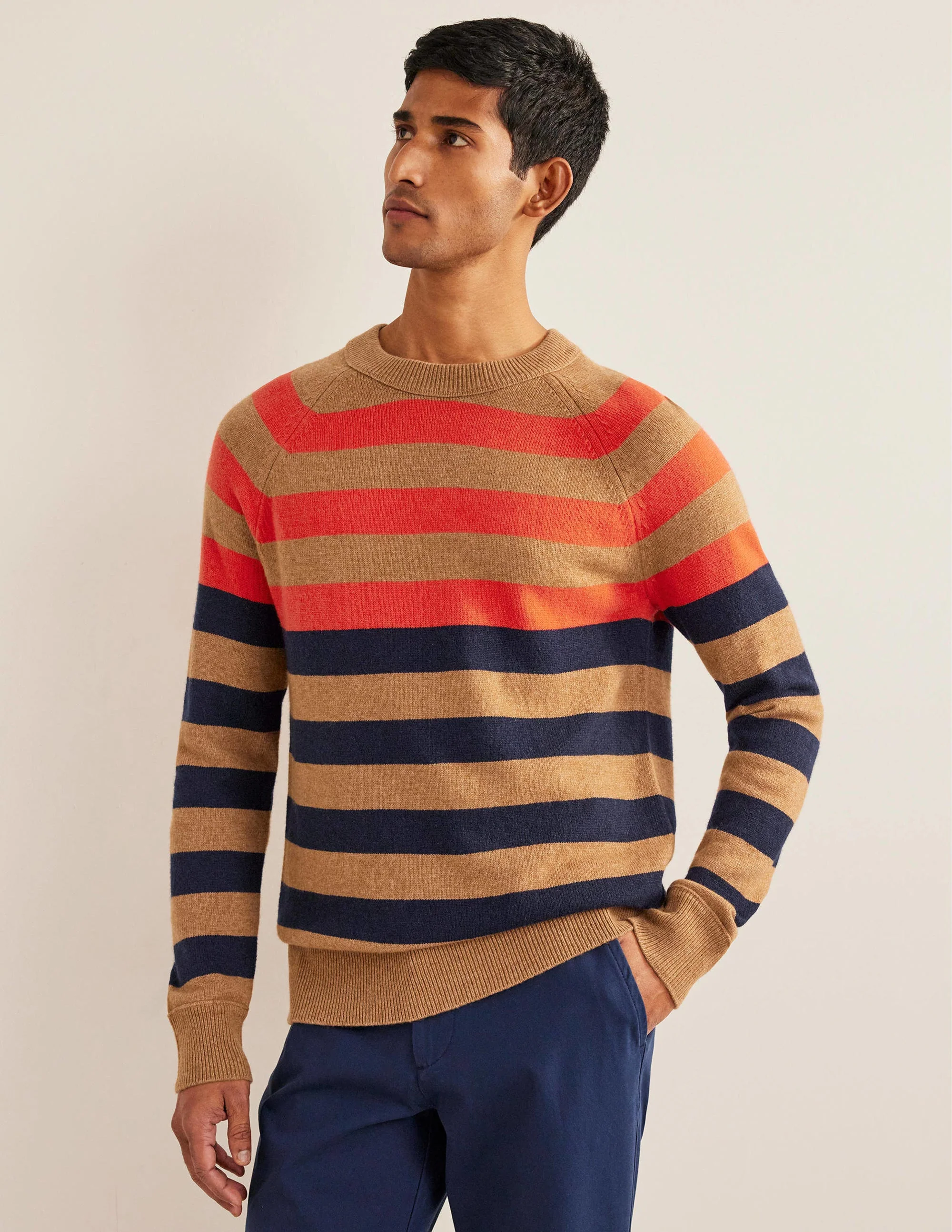 Raglanpullover mit Rundhalsausschnitt-Kamelbraun Melange, Bunte Streifen