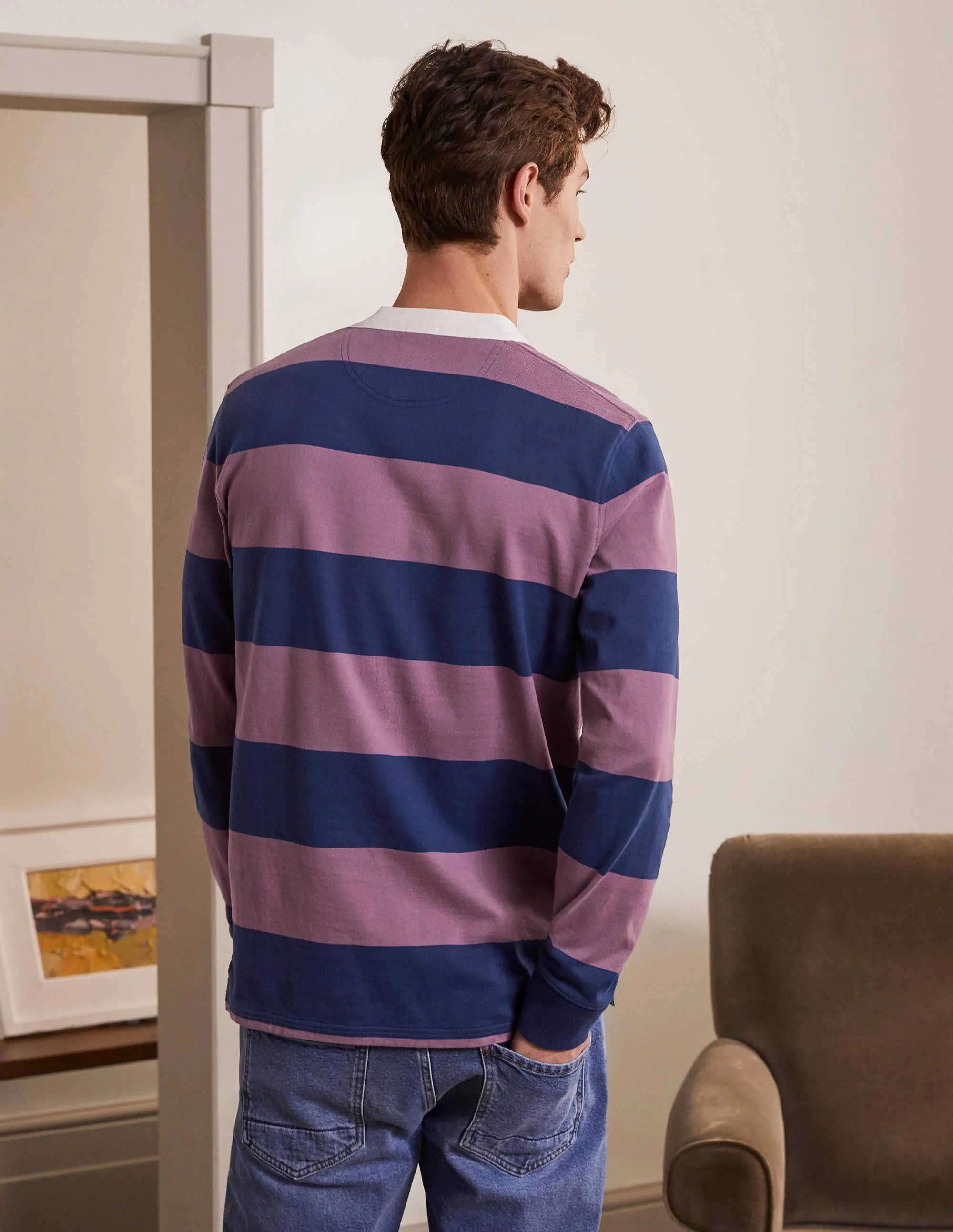Rugby-Shirt mit Grandad-Kragen-Navy/Dunkles Mauve, Gestreift - Image 3