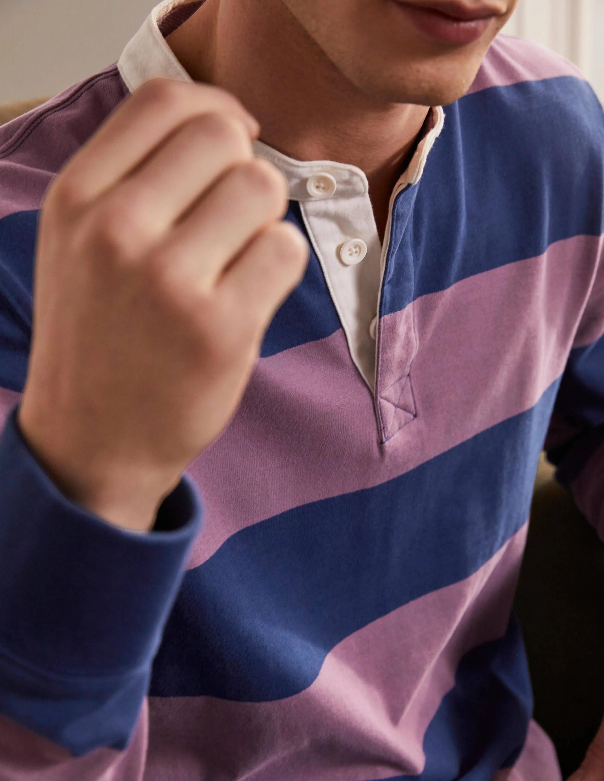 Rugby-Shirt mit Grandad-Kragen-Navy/Dunkles Mauve, Gestreift - Image 4