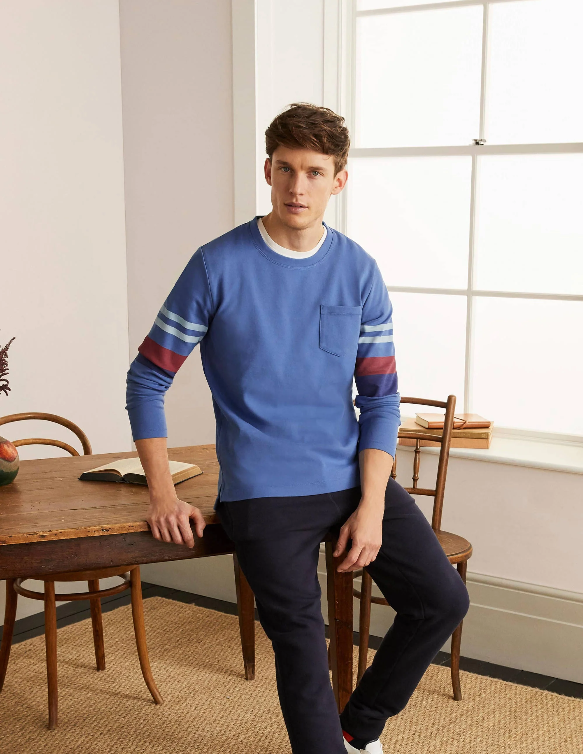 Rye Doubleface-Pullover mit Rundhalsausschnitt-Tintenblau, Gestreifte Ärmel