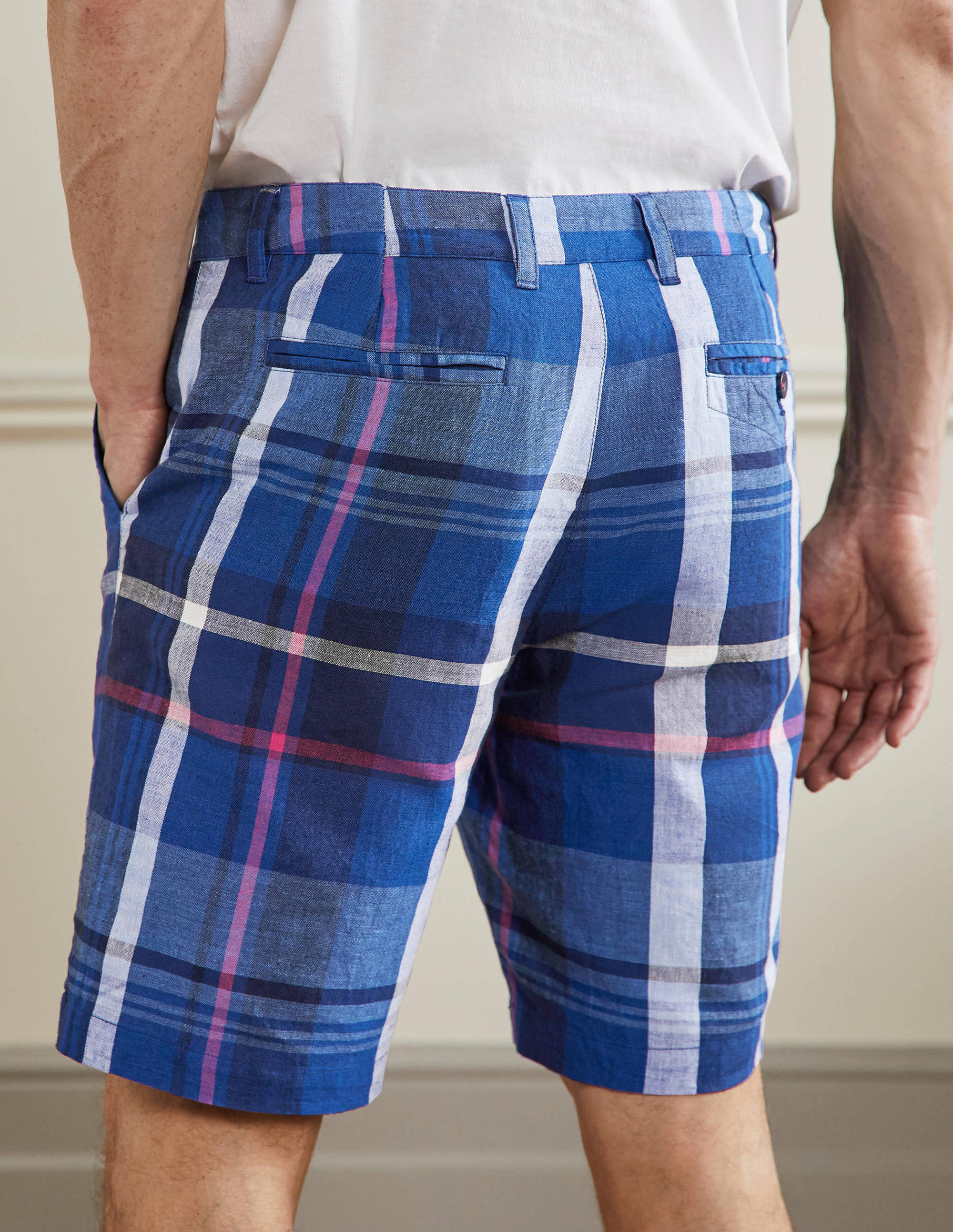 Shorts aus Baumwollleinen-Offiziersblau, Kariert - Image 3