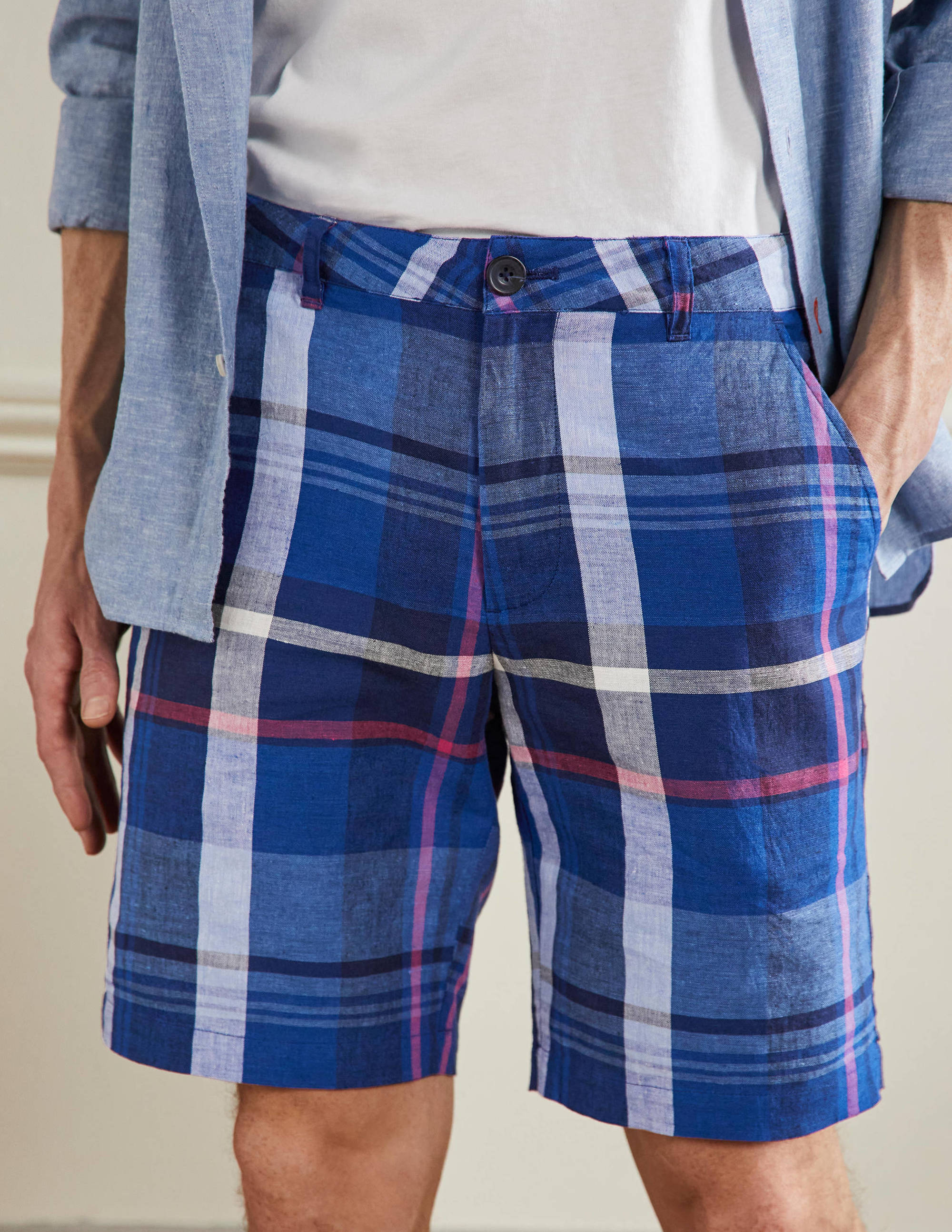Shorts aus Baumwollleinen-Offiziersblau, Kariert - Image 5