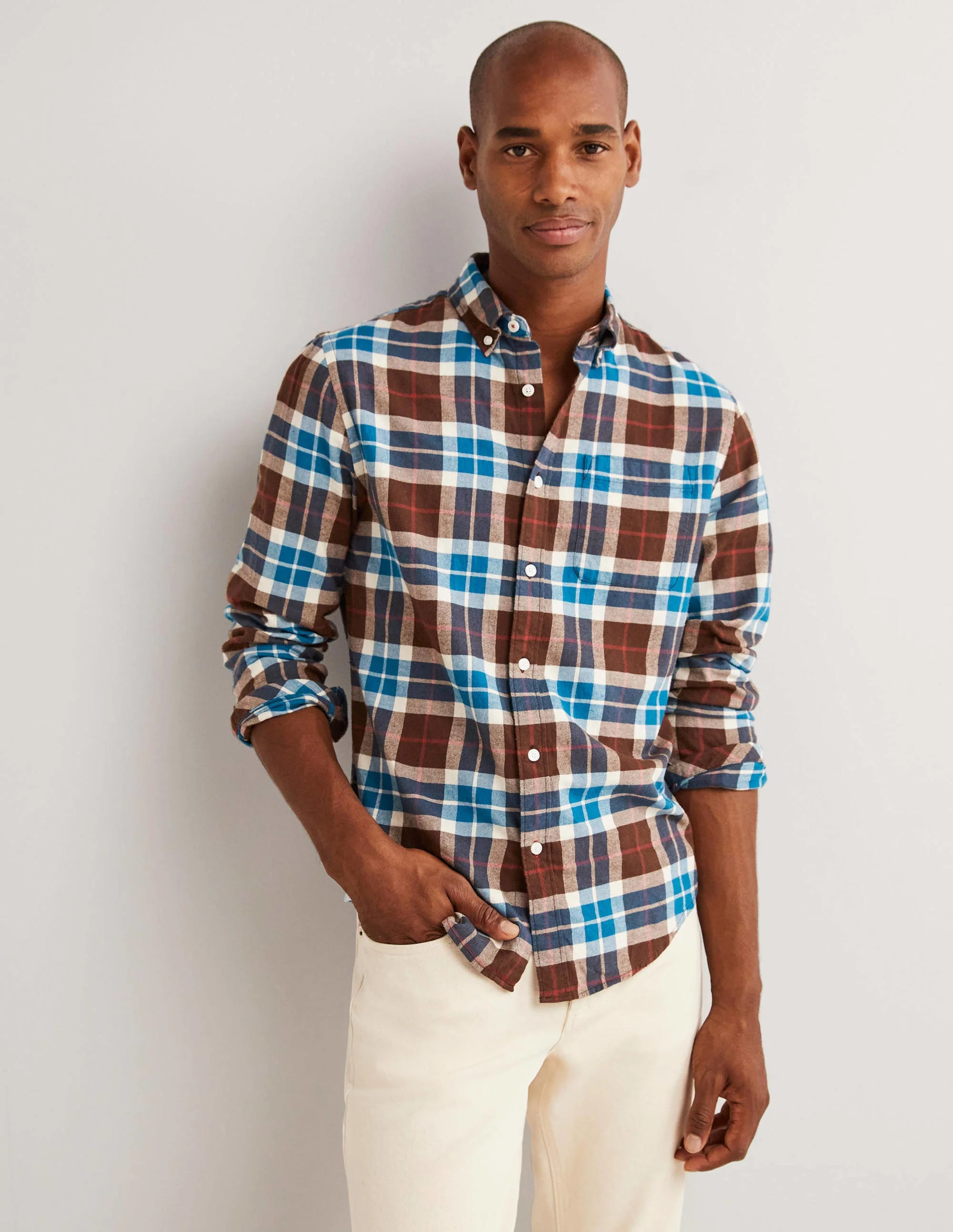 Twill-Hemd mit Knopfleiste-Braun/Entenblau, Kariert - Image 4